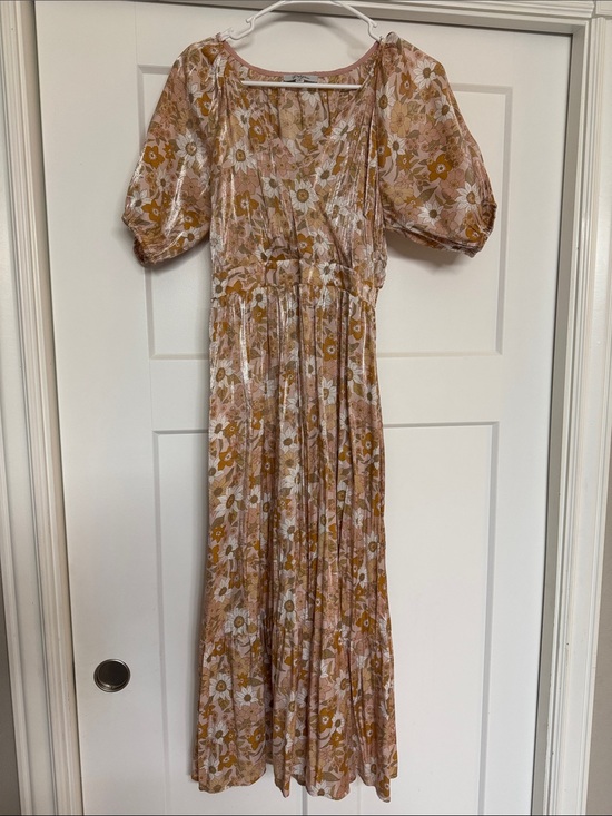 Polagram Dresses & Skirts - Floral Puff-Sleeve Maxi Dress in Pink and Mustard
